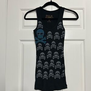 Vintage Y2K Self Esteem Black & Gray Embellished Skull & Crossbones Tank